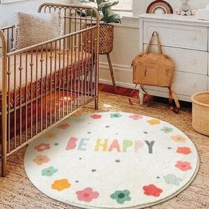 Colorful 'Be Happy' Round Rug